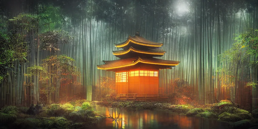 Prompt: japanese temple in bamboo forest at night, glowing fireflies, creepy ambiance, high focus, high detail, cgsociety, artgerm