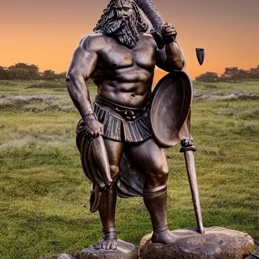 Image similar to a grand bronze statue of a burly muscular viking, wielding a large halberd threateningly in one outstretched hand, flowing hair and long robes, regal and menacing visage, built in a verdant field surrounded by ancient ruins, at dusk with purple twilight sky, enhanced 4 k stylized digital art