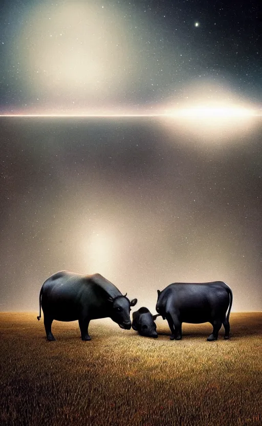 Image similar to tapirs and cows, glitch art, interstellar, beautifully lit, by gerald brom, artstation, unreal engine