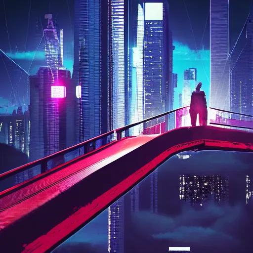 Image similar to a man standing on top of a bridge over a city, cyberpunk art by vincent lefevre, behance contest winner, altermodern, cityscape, synthwave, matte painting