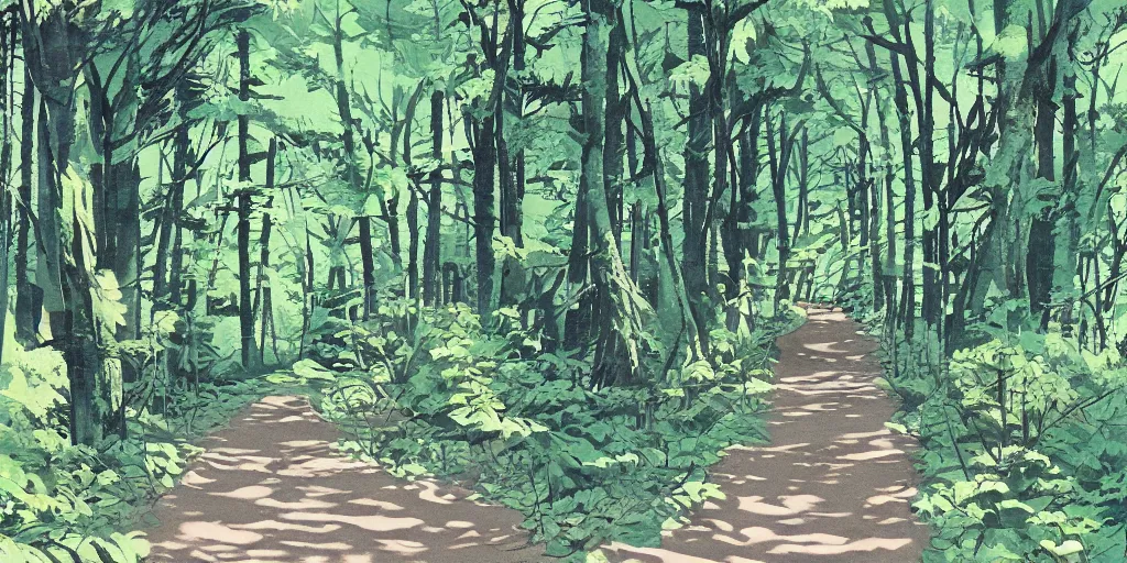 Prompt: forest walkway on a sunny day, traditional gouache painting by chinese artist and makoto for animation studio