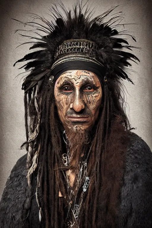 Prompt: portrait, headshot, digital painting, an old shaman in slavic wooden painted ritual mask, crow feathers, dreadlocks, realistic, hyperdetailed, chiaroscuro, concept art, art by frans hals