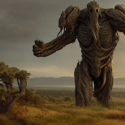 Prompt: enormous gargantuan creature with long arms and legs towering over the plains, seen from a distance, volumetric lighting, 8 k octane beautifully detailed render, post - processing, extremely hyper - detailed, intricate, epic composition, cinematic lighting, masterpiece, trending on artstation, masterpiece, stunning art by anders zorn, wonderful masterpiece by greg rutkowski, beautiful cinematic