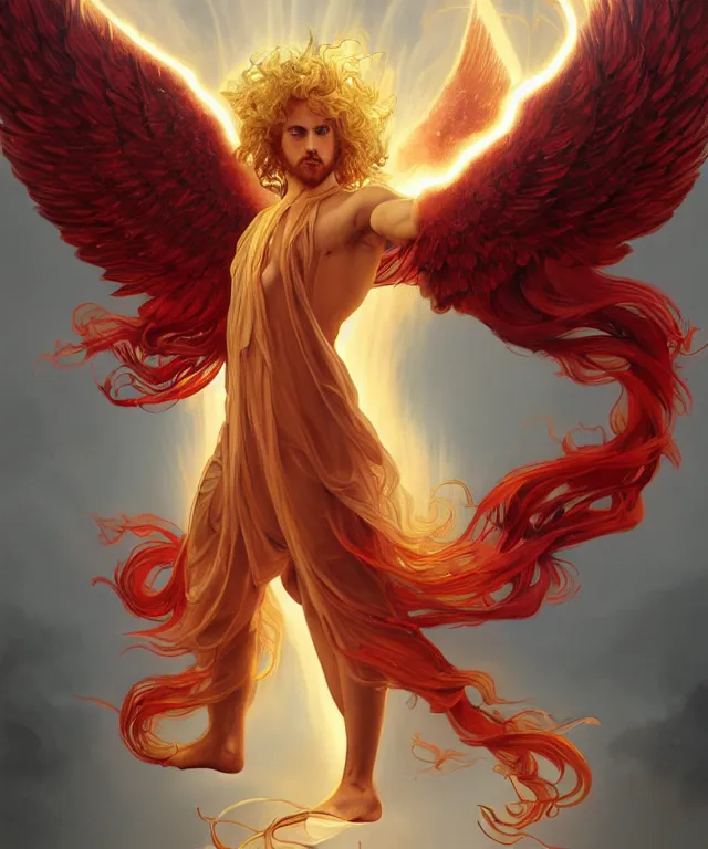 Image similar to symmetrical fullbody portrait of a beautiful young fit male angel with curly blond hairs, full dressed in long fluent red clothes, majestic big demon wings, luminous fire halo, by greg rutkowski and alphonse mucha, gradient white to gold, in front of an hellish background, highly detailed portrait, digital painting, artstation, concept art, smooth, sharp focus illustration