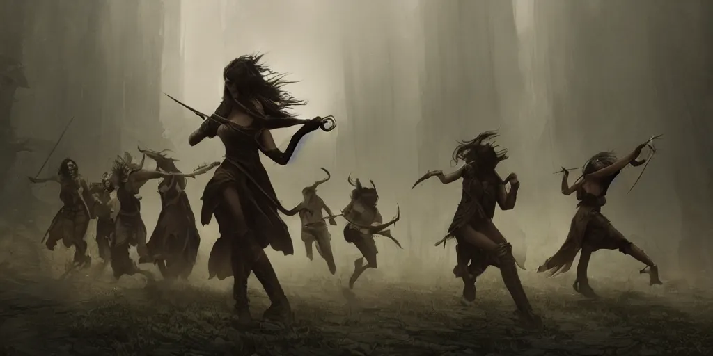 Prompt: cinematic, concept art, high fantasy matte painting, of a female bard and her adventuring party running from an angry crowd, foggy, depth of field, 8k, 35mm film grain, unreal engine 5 render highly detailed, digital painting, artstation, concept art, smooth, sharp focus, illustration, octane render, art by Leesha Hannigan, Ross Tran, Thierry Doizon, Kai Carpenter, Ignacio Fernández Ríos