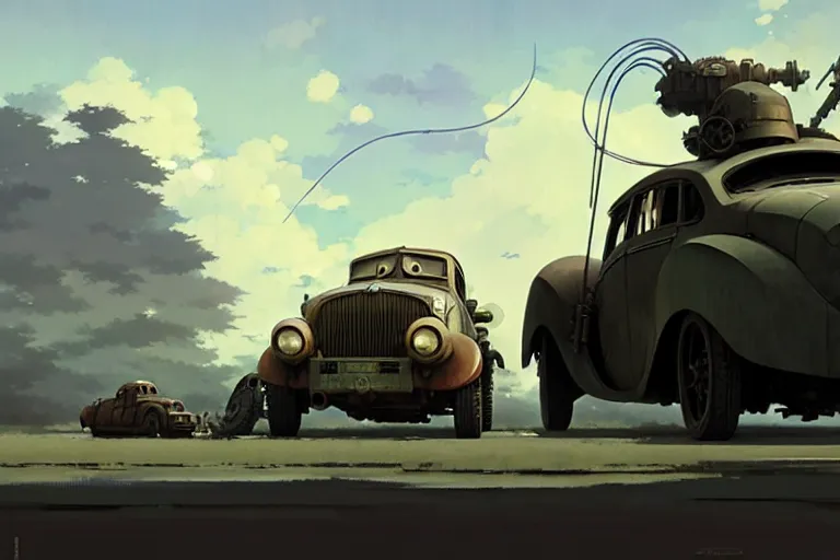 Prompt: dieselpunk, car, painted by greg rutkowski makoto shinkai takashi takeuchi studio ghibli, akihiko yoshida