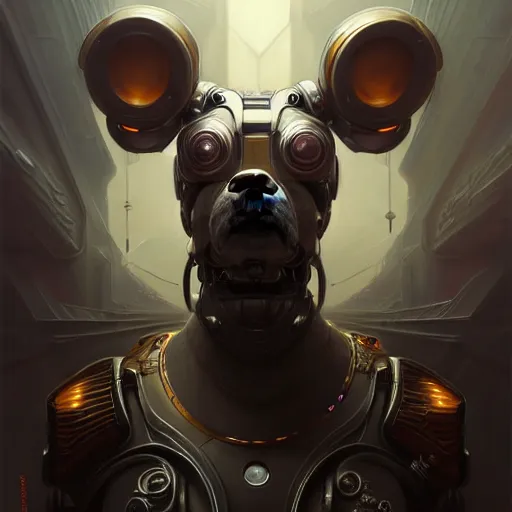 Prompt: low angle portrait shot of a cyberpunk dog robot, intricate, elegant, highly detailed, centered, digital painting, artstation, concept art, smooth, sharp focus, illustration, artgerm, Tomasz Alen Kopera, Peter Mohrbacher, donato giancola, Joseph Christian Leyendecker, WLOP, Boris Vallejo