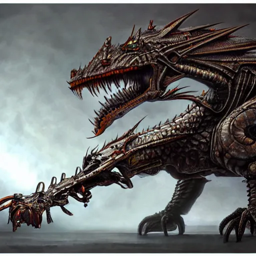 Image similar to cyborg dragon, concept art, incredibly detailed, biomechanical, H.R. Giger, 4k