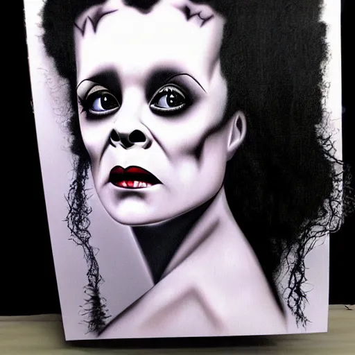 Prompt: realistic airbrush art bride of frankenstein c - 1 2. 0 s - 1 0 0 n - 9