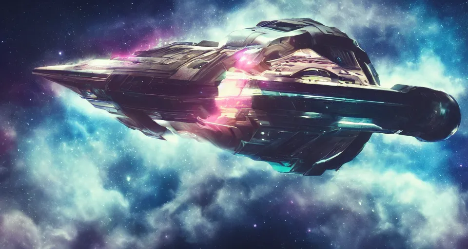 Prompt: a 35mm photo of a fast futuristic! space ship!! flying through a nebulae filled with cyberpunk space stations!, concept art, matte painting, contrasting color scheme,