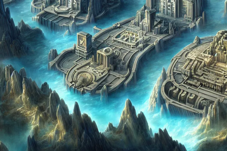 Prompt: a beautiful complex insanely detailed matte painting of the futuristic ancient city of Atlantis by Heironymous Bosch!!!!!!!, by James Gurney and Tyler Edlin, 4k, trending on artstation, aerial view