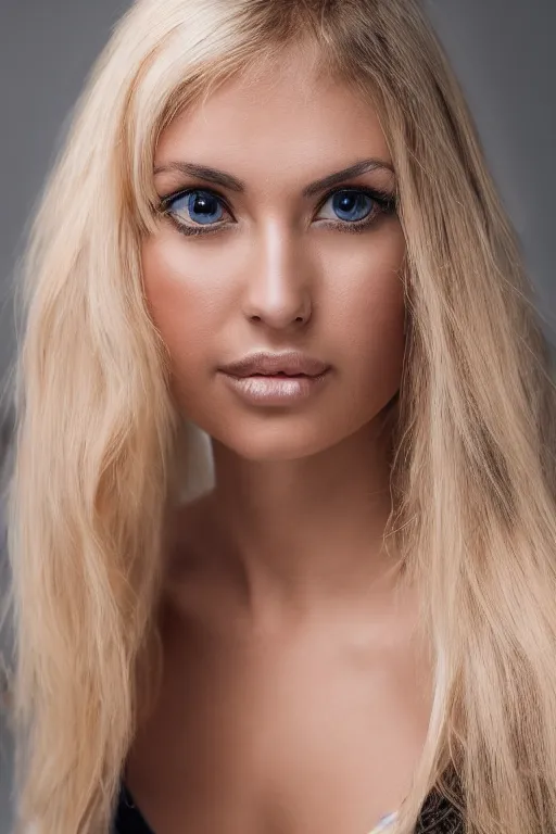 Prompt: 2 8 year old professional blonde female model, olive skin, portrait, neck zoomed in, photo realistic, slr, studio lighting, golden hour, high definition