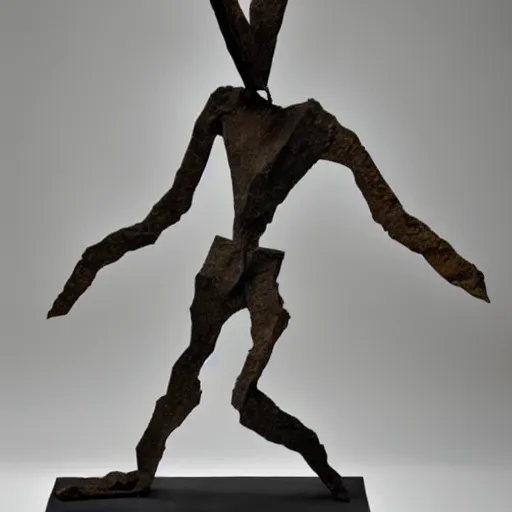 Image similar to sculpture of a cowering man, in the style of alberto giacometti