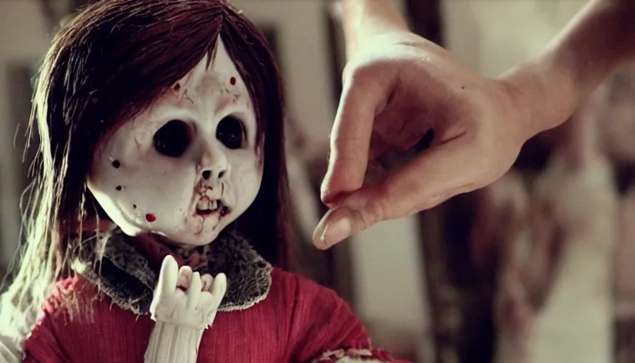 Image similar to big budget horror movie about an evil killer doll biting someone's hand