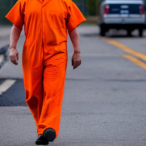 Image similar to photojournalist photo of donald trump!! in orange prison jumpsuit walking in the federal prison yard with other inmates, 3 5 mm f 1. 8