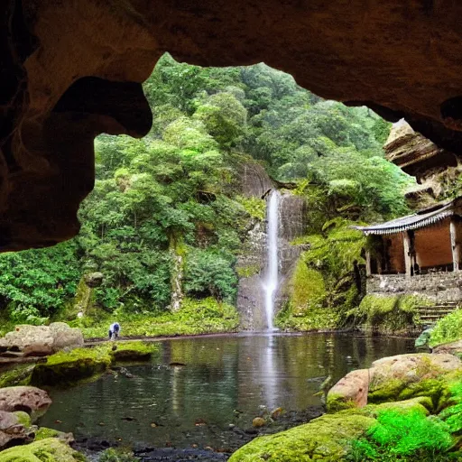 Image similar to ancient temple,plants and waterfalls in the interior of a cave