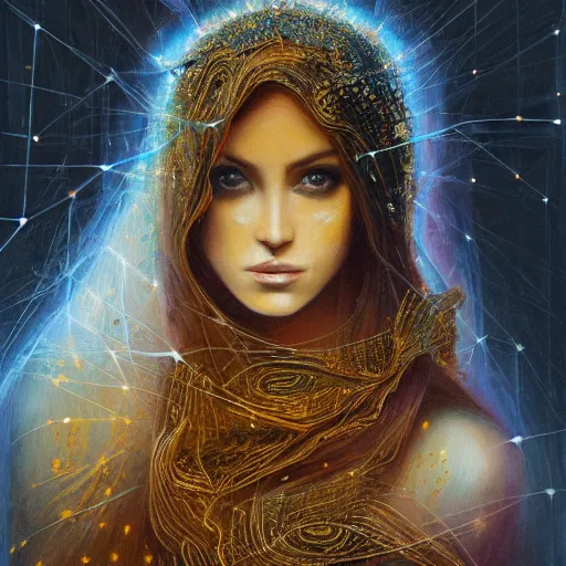 Prompt: beautiful gorgeous pristine spanish Goddess of life with a veil, dark Goddess of artificial intelligence creating an artificial neural network with gold synapses on an anvil with her scythe, high resolution, award winning art, trending on art station, sharp image, incredibly detailed, detailed character, realistic painting, hyper-realistic painting, coherent painting, master piece by ramon y cajal