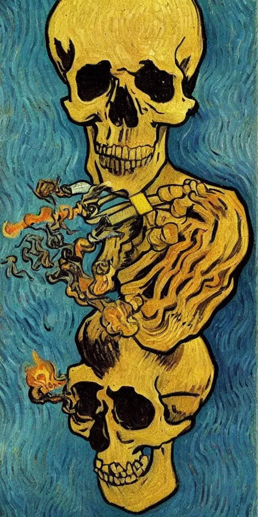 Image similar to Skull of a Skeleton with a Burning Cigarette by vincent van gogh