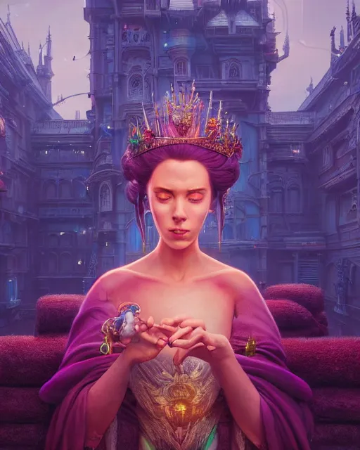 Image similar to highly detailed surreal vfx portrait of a cyberpunk queen in a majestic castle by golden tree, stephen bliss, unreal engine, greg rutkowski, loish, rhads, beeple, makoto shinkai and lois van baarle, ilya kuvshinov, rossdraws, tom bagshaw, alphonse mucha, global illumination, detailed and intricate environment