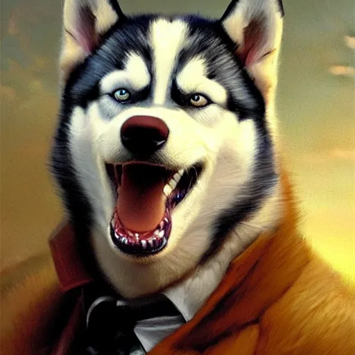 Prompt: a portrait of a husky dog wearing a suit and smiling at the viewer. highly detailed painting by gaston bussiere, craig mullins, j. c. leyendecker 8 k