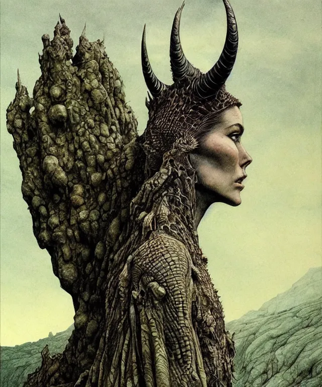 Prompt: A detailed horned crocodilewoman stands among the hills. Wearing a ripped mantle, robe. Perfect faces, extremely high details, realistic, fantasy art, solo, masterpiece, art by Zdzisław Beksiński, Arthur Rackham, Dariusz Zawadzki