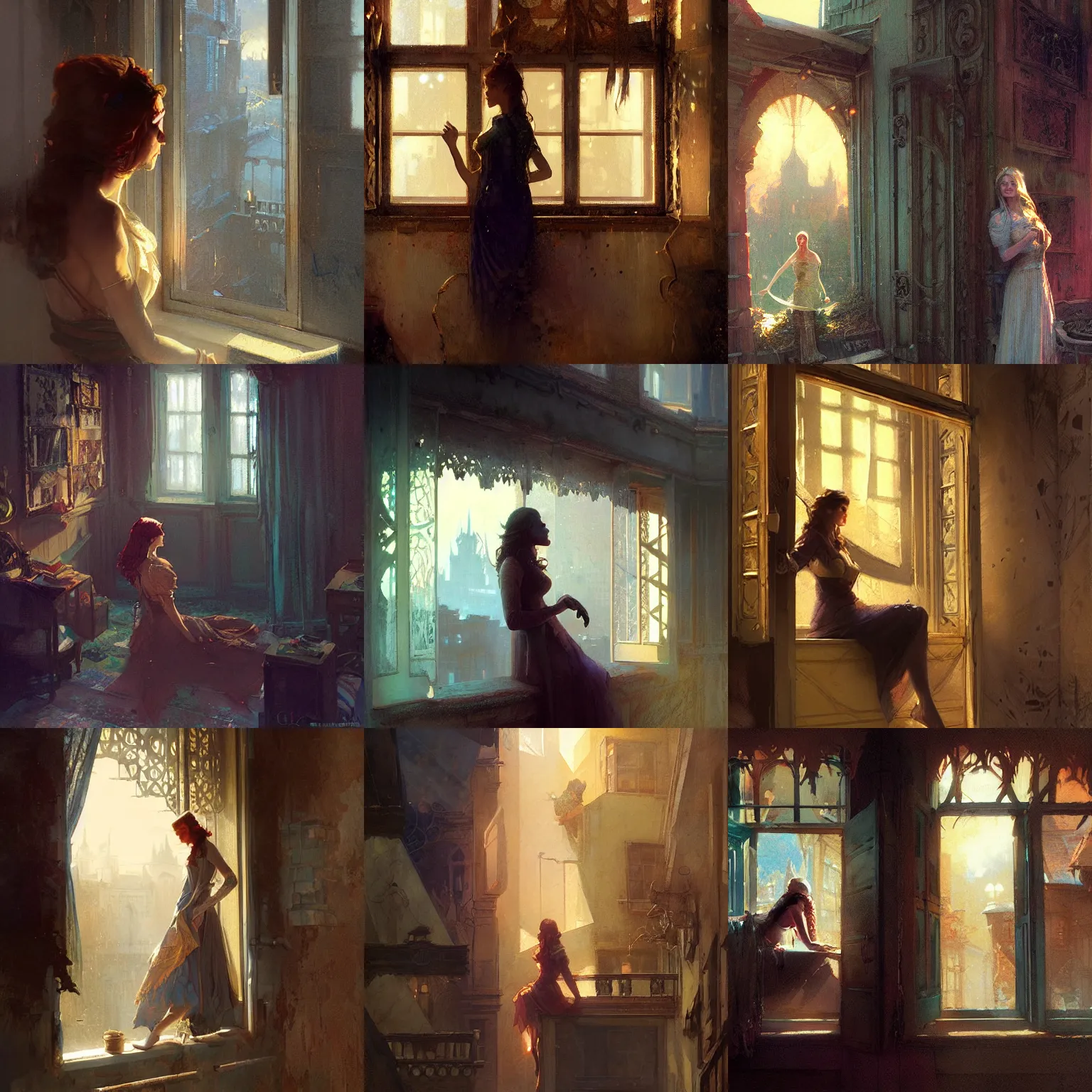 Prompt: the woman in the window, uncanny fantasy illustration by Greg Rutkowski, Gaston Bussiere, craig mullins