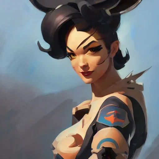 Image similar to greg manchess portrait painting of overwatch's characters pinup art, medium shot, asymmetrical, profile picture, organic painting, sunny day, matte painting, bold shapes, hard edges, street art, trending on artstation, by huang guangjian and gil elvgren and sachin teng