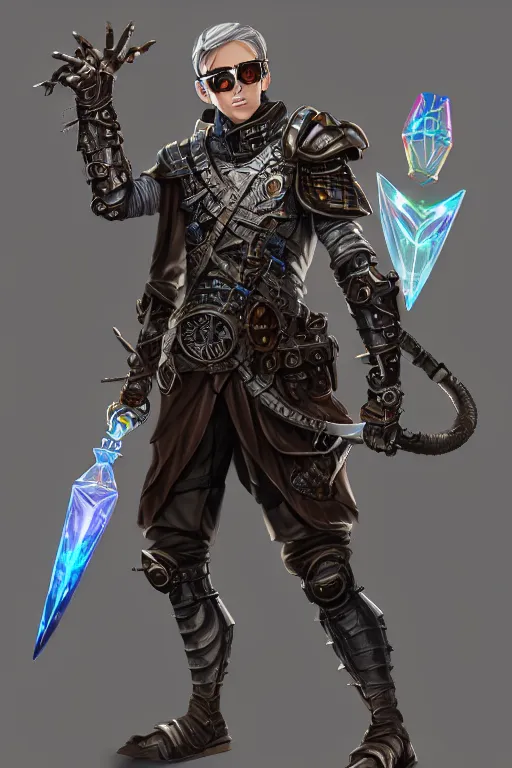 Prompt: Full body picture, Male Holosmith, DND, D&D, holographic blade!, steampunk-esque!, silver armor, tech glasses, extremely detailed, by WLOP, Rossdraws, genzoman and Frank franzzeta, trending on artstation, artstationHQ, artstationHD, cgsociety, 16K, HD