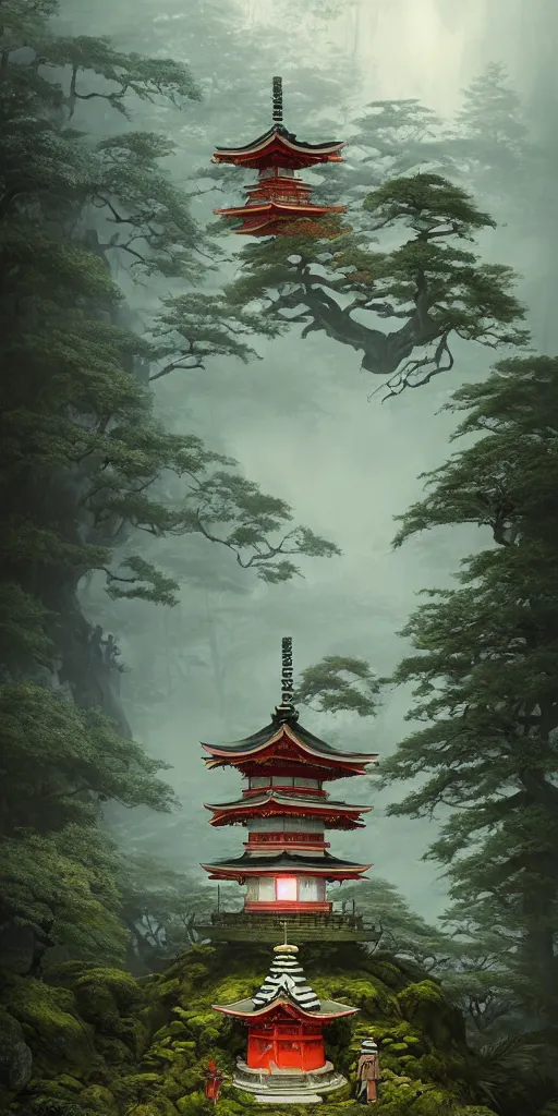 Image similar to japanese style shrine on top of a misty mountain overgrown by glowing mushrooms, hyper realistic, lush gnarly plants, 8 k, denoised, by greg rutkowski, tom bagshaw, james gurney cinematic lighting