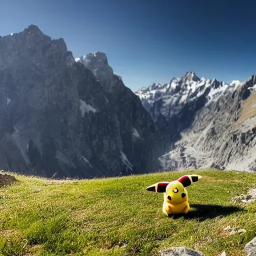 Prompt: took this pic of a wild pikachu while hiking in the alps #nature