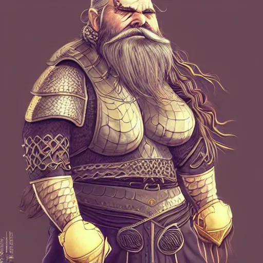 Prompt: elderly female feminine bearded dwarven heavyset fighter with curly long grey hairstyle, long beard tied in intricate lengthy braids and wrinkled skin wearing full black platemail armor with gold trim by rossdraws