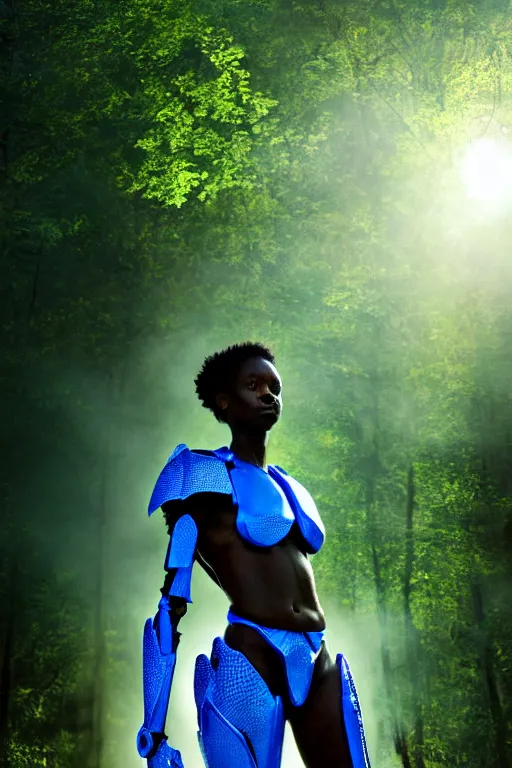 Image similar to hyperrealistic mithra goregous black woman exoskeleton bone armor in a forest sun behind her concept art eric zener elson peter cinematic blue light low angle hd 8k sharp shallow depth of field