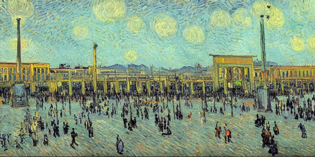 Prompt: painting of azadi square, tehran, early morning, cloudy, by van gogh