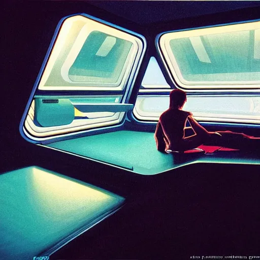 Image similar to Cozy interior of a spaceship, teal lighting, cozy lighting, space seen outside from a window, by Syd Mead, John Harris, Federico Pelat