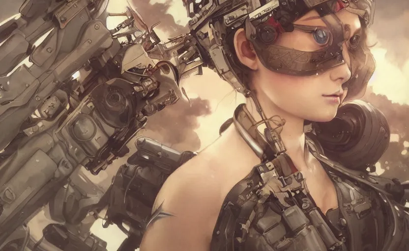 Image similar to mechanized valkyrie girl, anime style, airforce gear, vintage clothing, spreading wings, short hair, hair down, symmetrical facial features, from arknights, hyper realistic, 4 k, rule of thirds, extreme detail, detailed drawing, trending artstation, hd, d & d, realistic lighting, by alphonse mucha, greg rutkowski