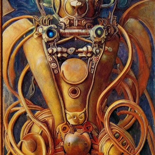 Image similar to sculpture of an ornate robot cat, by annie swynnerton and diego rivera and nicholas roerich and jean delville, symbolist, dramatic lighting, god rays, art brut, rich colors, smooth, sharp focus, extremely detailed, adolf wolfli, by janet fish and ( donato giancola and bilibin )