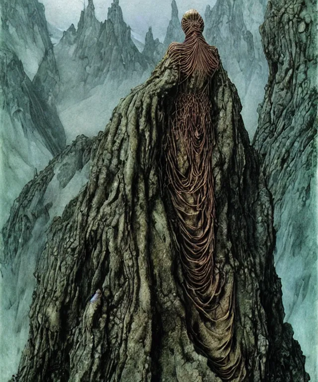 Image similar to a detailed mantiswoman stands among the mountains. wearing a ripped mantle, robe. perfect faces, extremely high details, realistic, fantasy art, solo, masterpiece, art by zdzislaw beksinski, arthur rackham, dariusz zawadzki