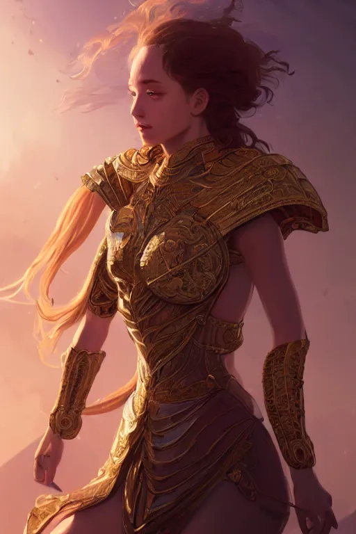 Image similar to portrait young knights of Zodiac girl, rose golden and mirror armor, in ruined Agora of Athens Sunrise, ssci-fi and fantasy, intricate and very beautiful and elegant, highly detailed, digital painting, artstation, concept art, smooth and sharp focus, illustration, art by tian zi and WLOP and alphonse mucha