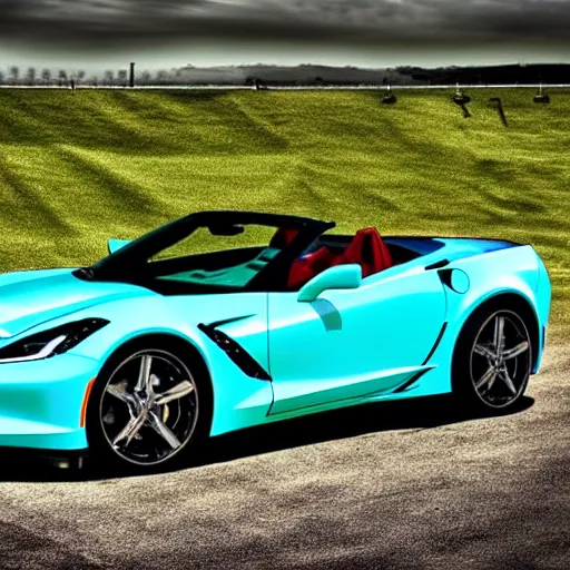 Image similar to a small dark luminous turquoise color liquid water sculpture is hybrid of a corvette convertible, luminous turquoise color liquid water masquerades as a corvette convertible, viscous, reflective, monochromatic, digital art