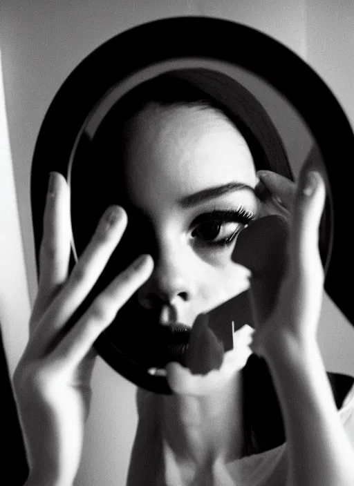 Image similar to cinestill 5 0 d candid photographic portrait by stanley kubrick of a beautiful mixed feminine man wearing black techwear and light makeup looking in a broken bathroom mirror, rundown new york apartment, medium closeup, retrofuturism grunge cyberpunk lights shadows refraction, 3 5 mm, f / 3 2, 4 k, 8 k, hd, high resolution, ultra realistic faces, intricate detail