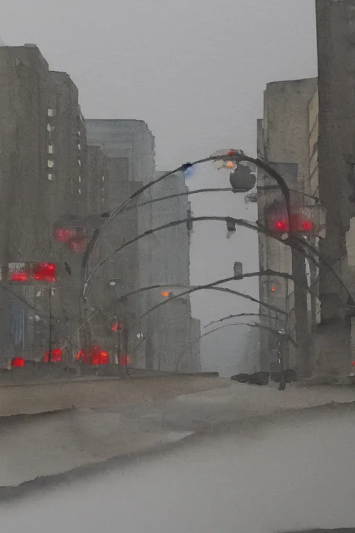 Prompt: A watercolor depicting an empty Huaihai Road gloomy weather, high contrast, smooth, by Joseph Zbikowicz, 8k