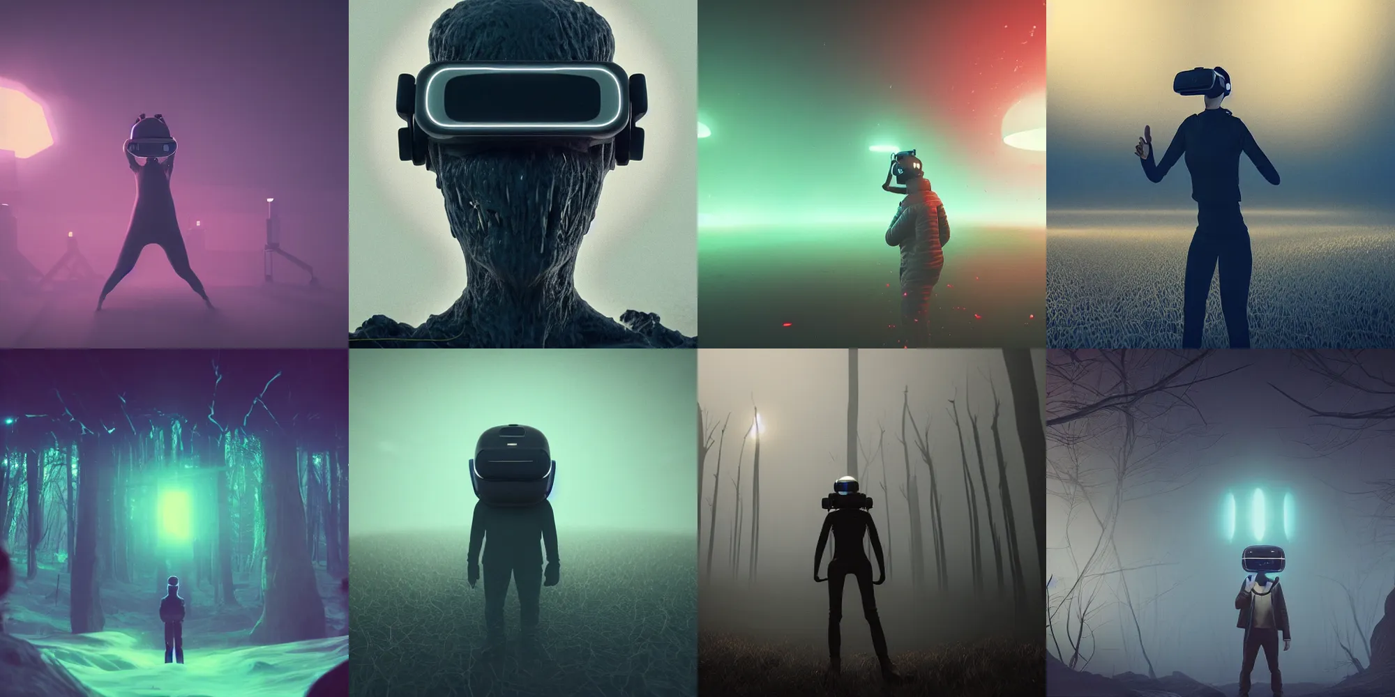 Prompt: beautiful dark creepy landscape, person screaming wearing virtual reality helmet, in the style of beeple and Mike Winkelmann, intricate, epic lighting, cinematic composition, hyper realistic, 8k resolution, unreal engine 5,