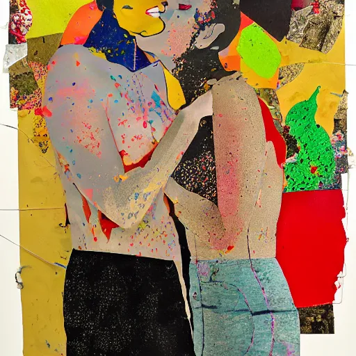 Image similar to two women kissing at a recursive carnival, mixed media collage, retro, paper collage, magazine collage, acrylic paint splatters, bauhaus, claymation, layered paper art, sapphic visual poetry expressing the utmost of desires by jackson pollock