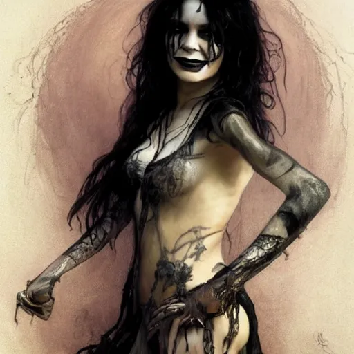 Image similar to beautiful portrait of vanessa hudgens as death from sandman, smiling, by cedric peyravernay, alphonse mucha, by jeremy mann, by lecouffe deharme, goth chic, soft lightning, eyeliner, punk rock, high detailed, 8 k