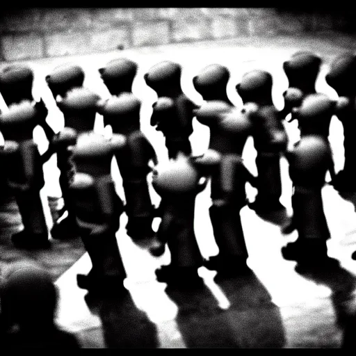 Prompt: The minions minions minions at the Nuremberg trials, monochrome, very low contrast, noise
