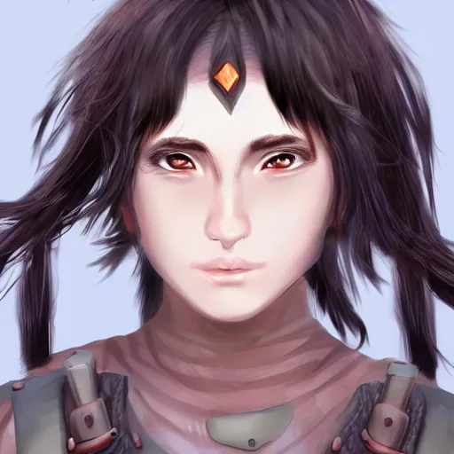 Prompt: 19-year-old barbarian girl with shaggy black hair, hair over her eyes, very long bangs, gray skin, scar, battle scar, face close up, digital art
