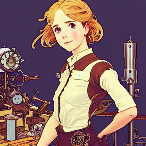 Prompt: Portrait of mckenna grace as an airship mechanic at her crammed workbench, steampunk, defined facial features, highly detailed, busy, artstation, official artbook, official Kyoto Animation and Studio Ghibli anime screenshot, by Ilya Kuvshinov and Alphonse Mucha