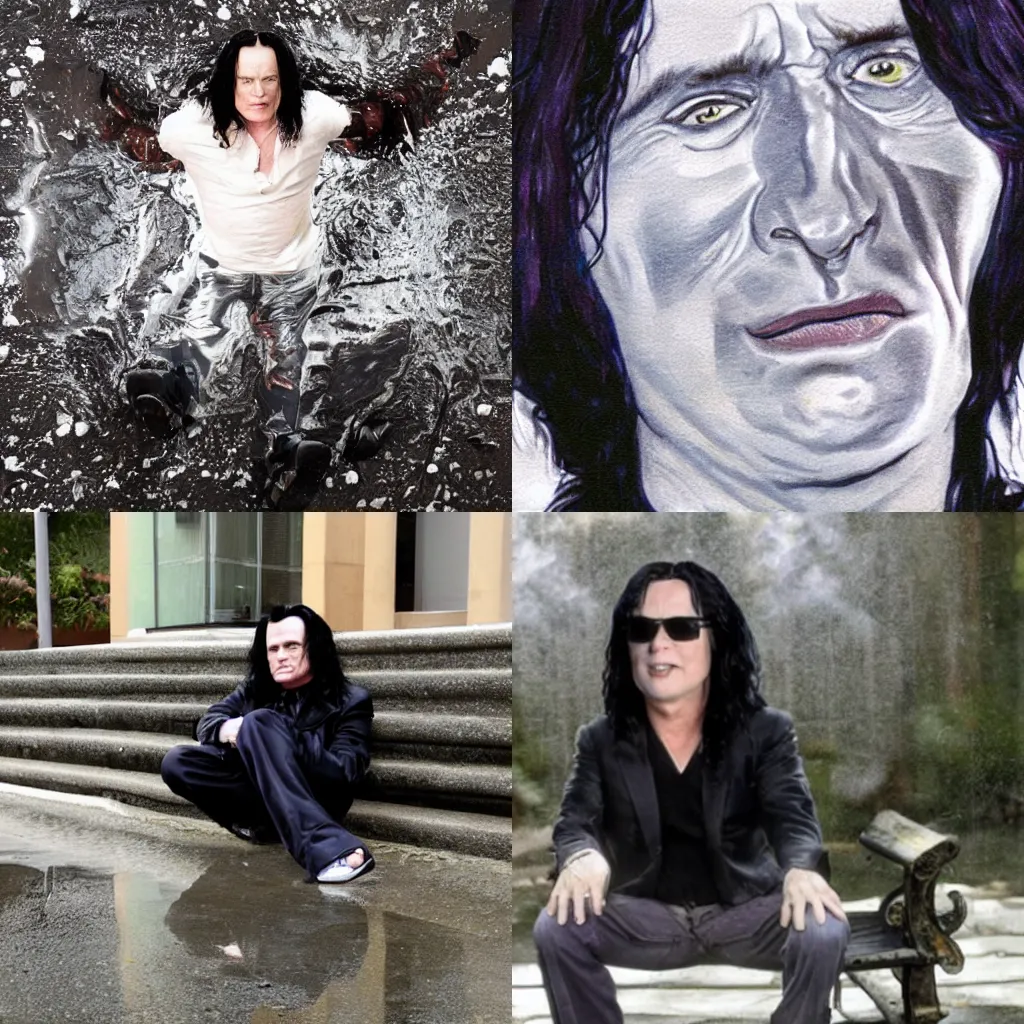 Prompt: Tommy Wiseau melting into a puddle