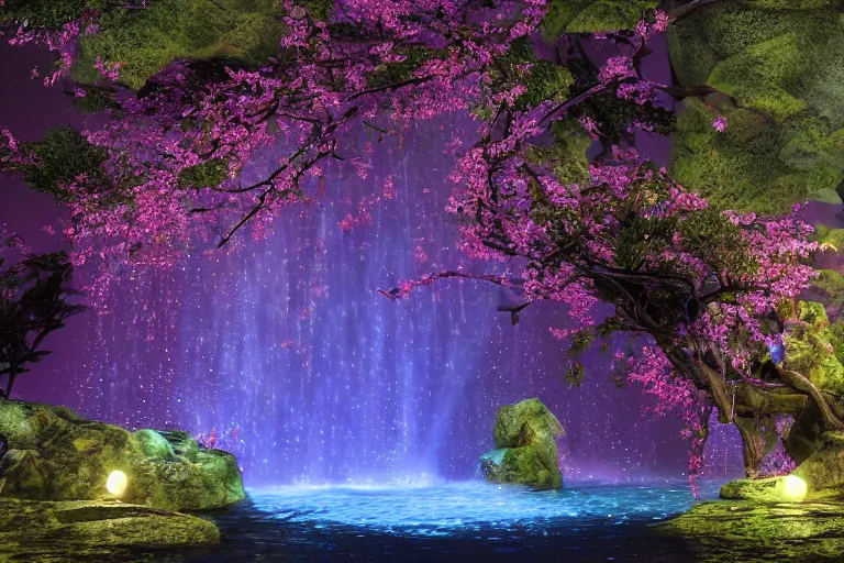 Image similar to Bioluminescent waterfall, cherry-blossom-tree, night-time, moon, fireflies, atmospheric, magical atmosphere, octane render, artstation, HD, 8K