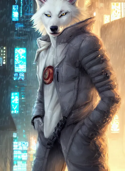 Image similar to character portrait of a male anthro albino wolf fursona with a tail and a cute beautiful attractive detailed furry face wearing stylish cyberpunk clothes in a cyberpunk city at night while it rains. hidari, color page, tankoban, 4K, tone mapping, Akihiko Yoshida. Nomax, Kenket, Rukis. comic book style, photorealistic, professional lighting, hyperdetailed, high resolution, high quality, dramatic, deviantart, artstation, 4k, real photo